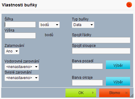 Vlastnosti buňky tabulky - CKEditor